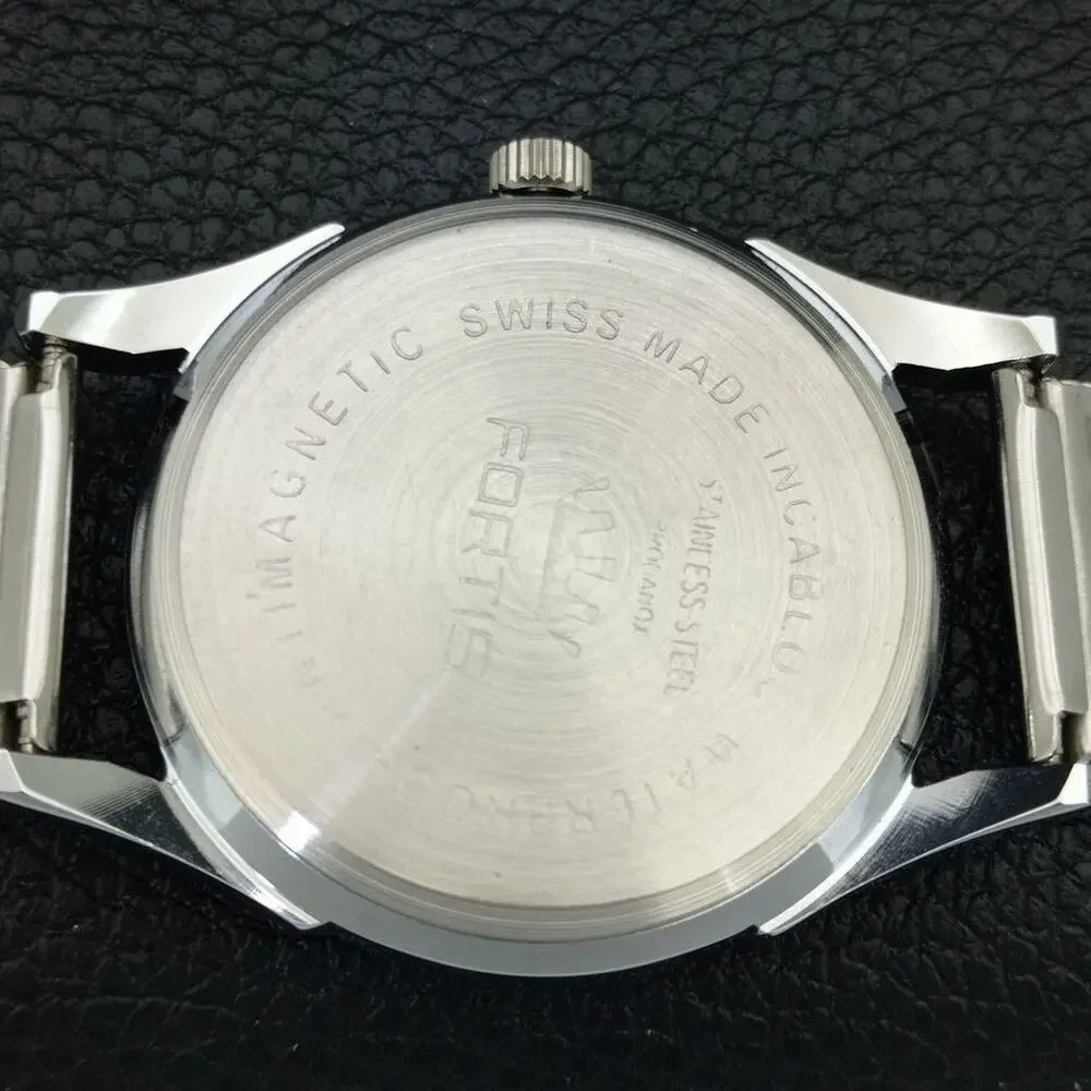 Vintage 1975 Fortis Manual Mens Silver Watch W/Steel Strap & Green accents